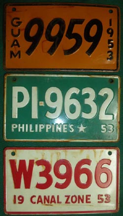 1953 License Plates Guam, Canal Zone, Philippines